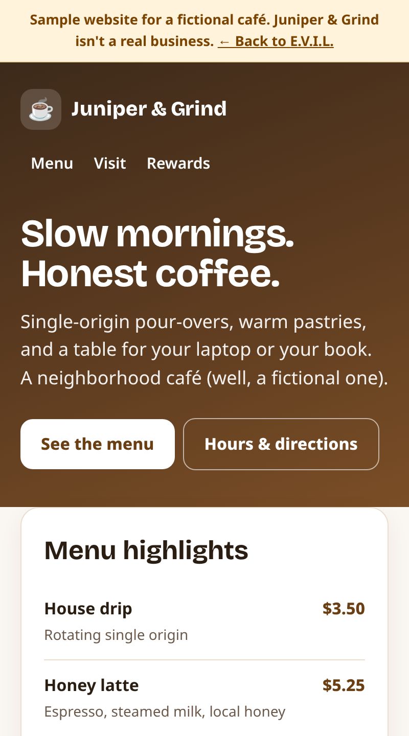Screenshot of the sample website for Juniper & Grind Coffee, a fictional café: a brown hero banner with the headline Slow mornings. Honest coffee., followed by menu highlights with prices.